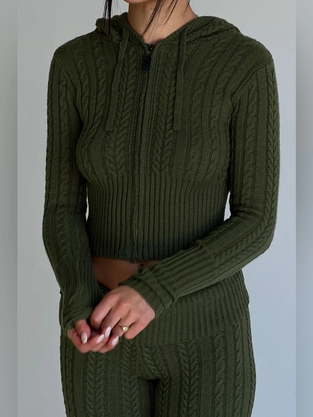 Frankie’s Bikinis Cable Cloud Knit Hoodie + Pant Set in Jade Green